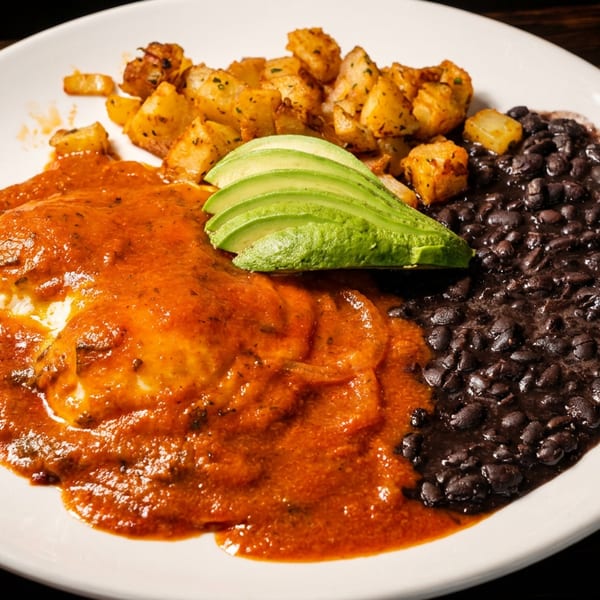 Huevos Rancheros with red sauce, black beans, roasted potatoes, and sliced avocado on a white plate.