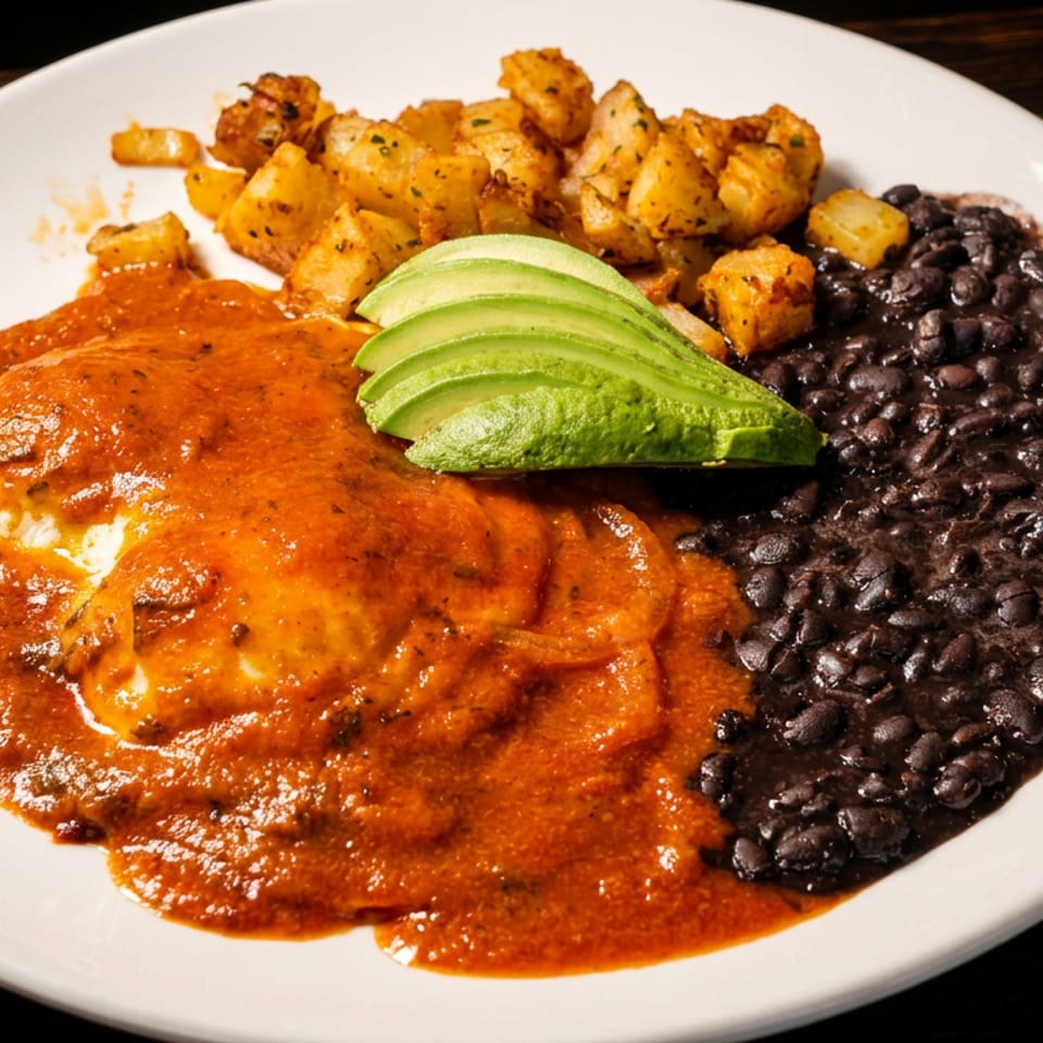 Huevos Rancheros with red sauce, black beans, roasted potatoes, and sliced avocado on a white plate.