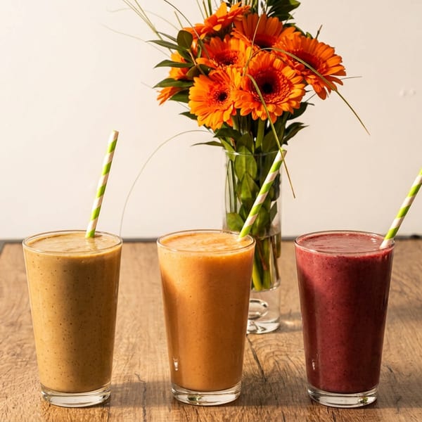 Three colorful smoothies with striped straws on a wooden table next to a vase of orange flowers.