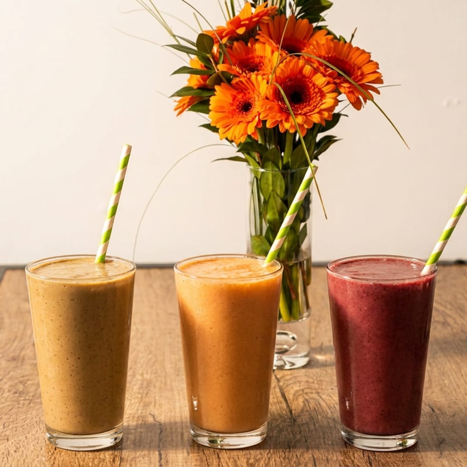 Three colorful smoothies with striped straws on a wooden table next to a vase of orange flowers.