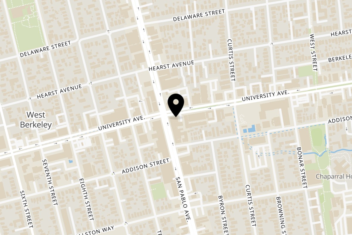 Map showing the location of Califas Greens on 1106 University Ave in Berkeley